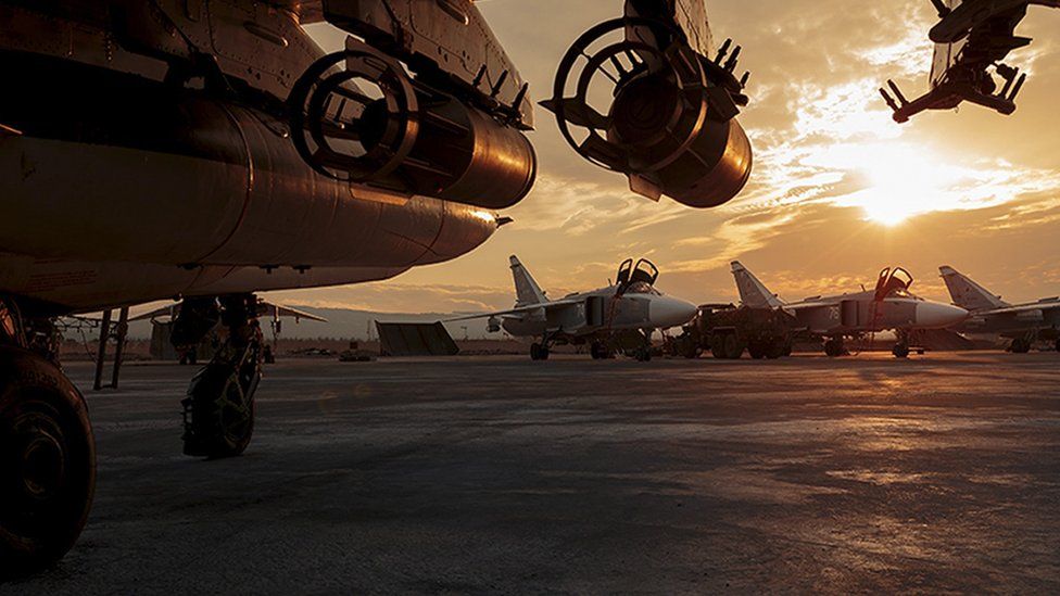 A Russian jet at the Hmeimim airbase in Syria