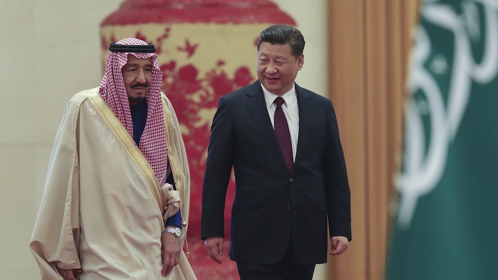 Saudi Arabia's King Salman bin Abdulaziz (L) pictured with Chinese President Xi Jinping (R) in Beijing