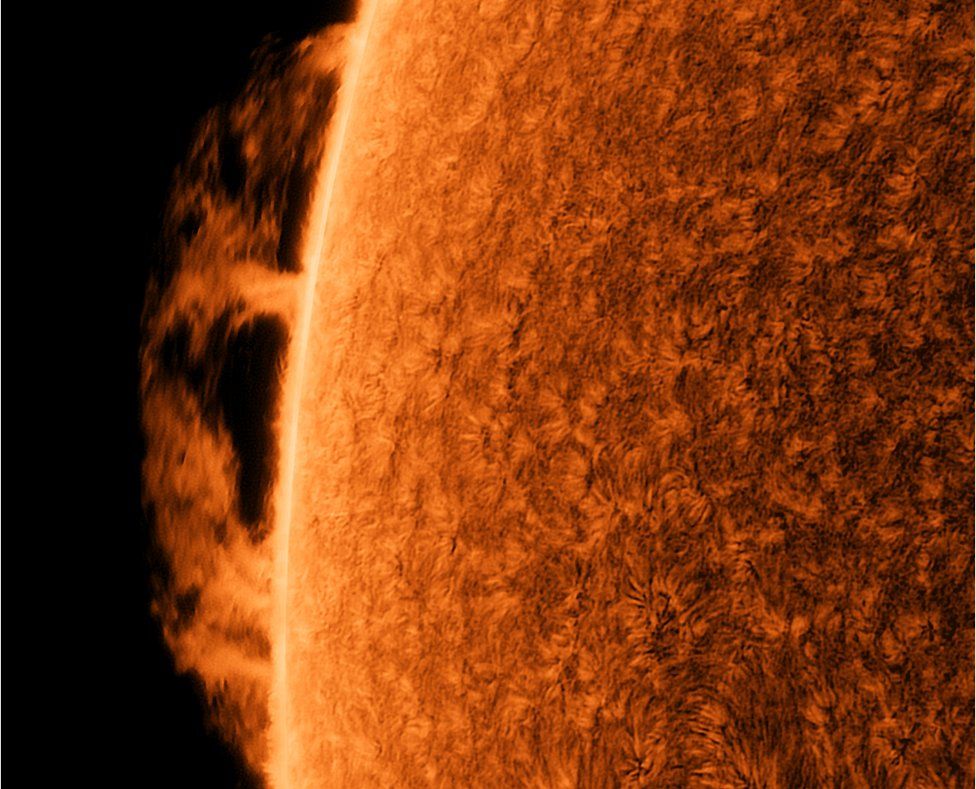 A large, searing hedgerow prominence extends from the surface of the Sun