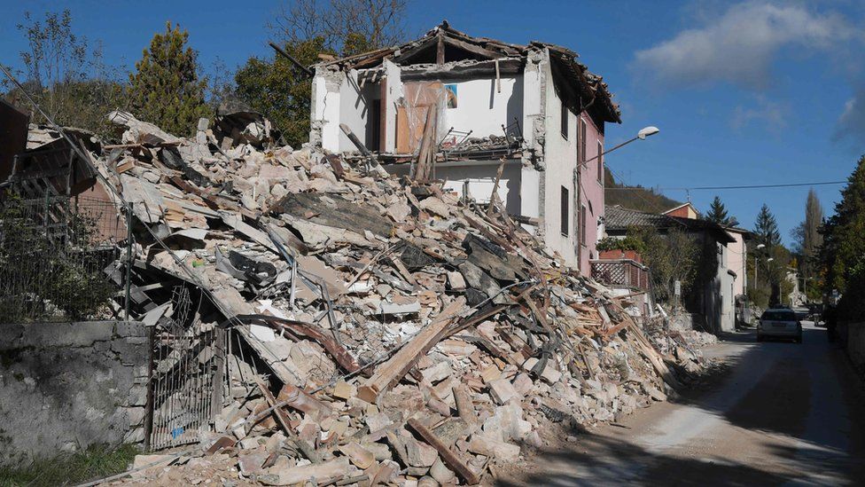 Destroyed houses in the village of Borgo Sant'Antonio, near Visso, an area hit by earthquakes