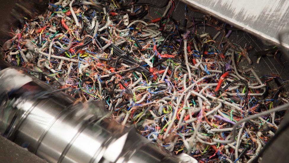 At electrical waste reprocessing plants, devices - even wires- can be broken down into their component parts for recycling