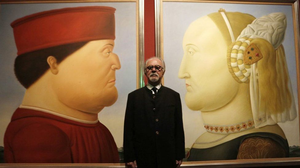 Botero poses in front of his paintings titled After Piero Della Francesca at the National Museum of China in Beijing, 20 November 2015