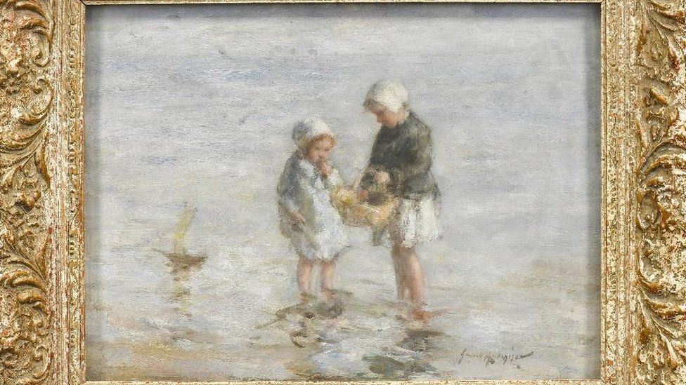 Children Wading by Scottish artist Robert Gemmell Hutchison depicts two young girls paddling along the water's edge on a warm summer's day