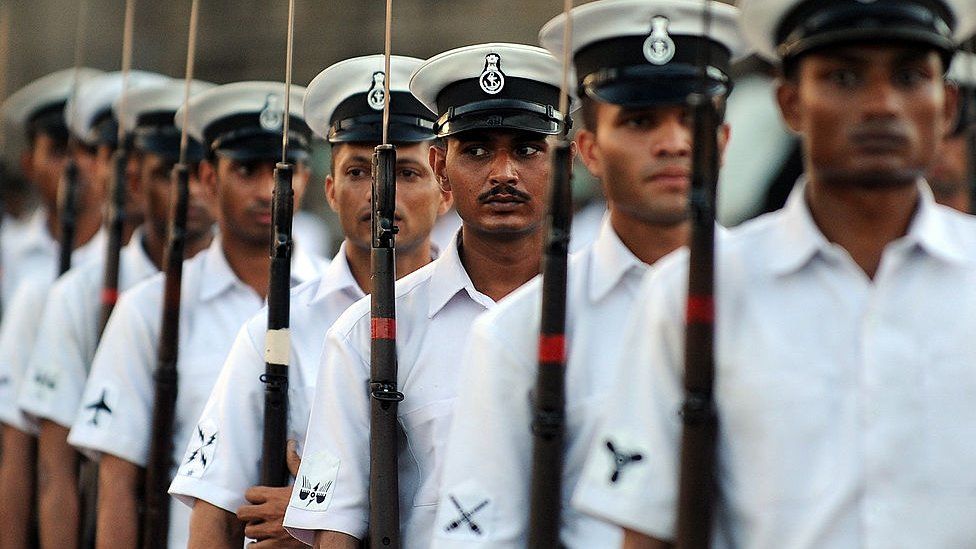 Indian navy cadets take part in a rehearsal for the upcoming Navy Day celebrations infront of the iconic gateway of India in Mumbai on November 24, 2010
