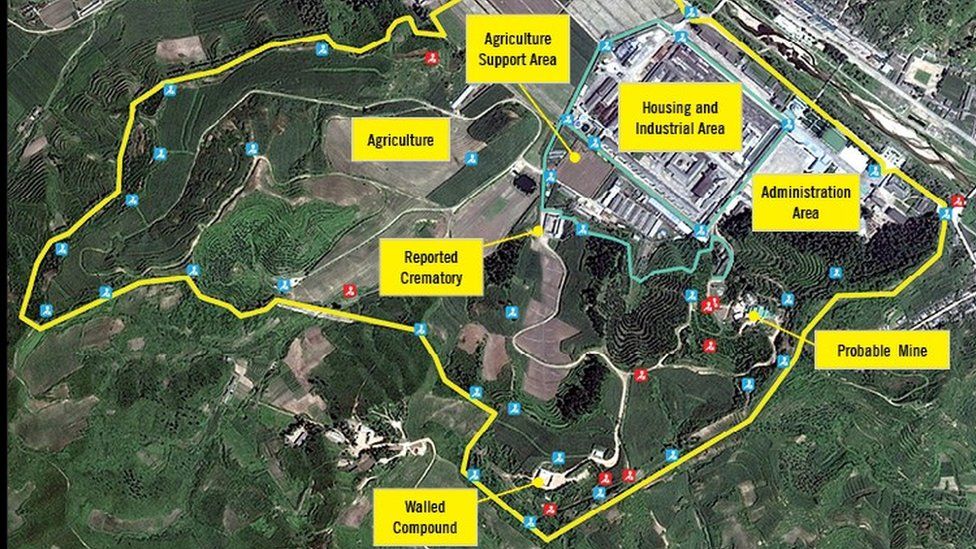 A satellite image of the prison camp with labels showing farms, housing, a mine, and crematory
