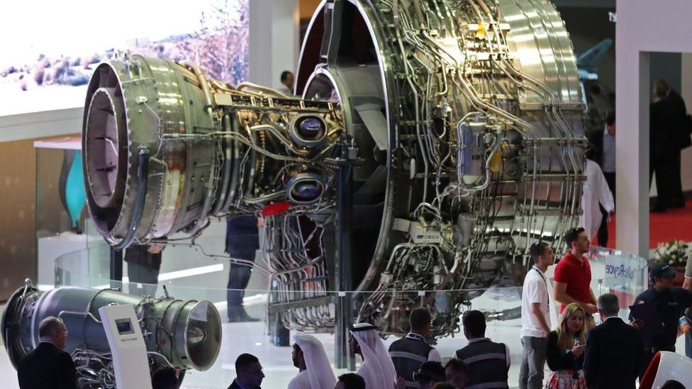 An aircraft engine is displayed during the Dubai Airshow on November 14, 2017, in the United Arab Emirates