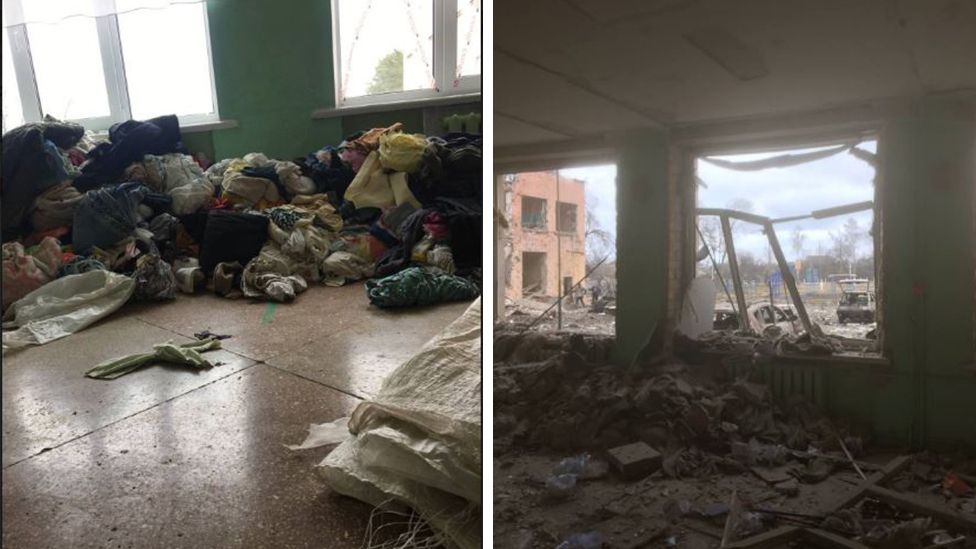 Image showing two photographs of a school - with piles of clothes on the left and smashed windows and rubble on the floor on the right