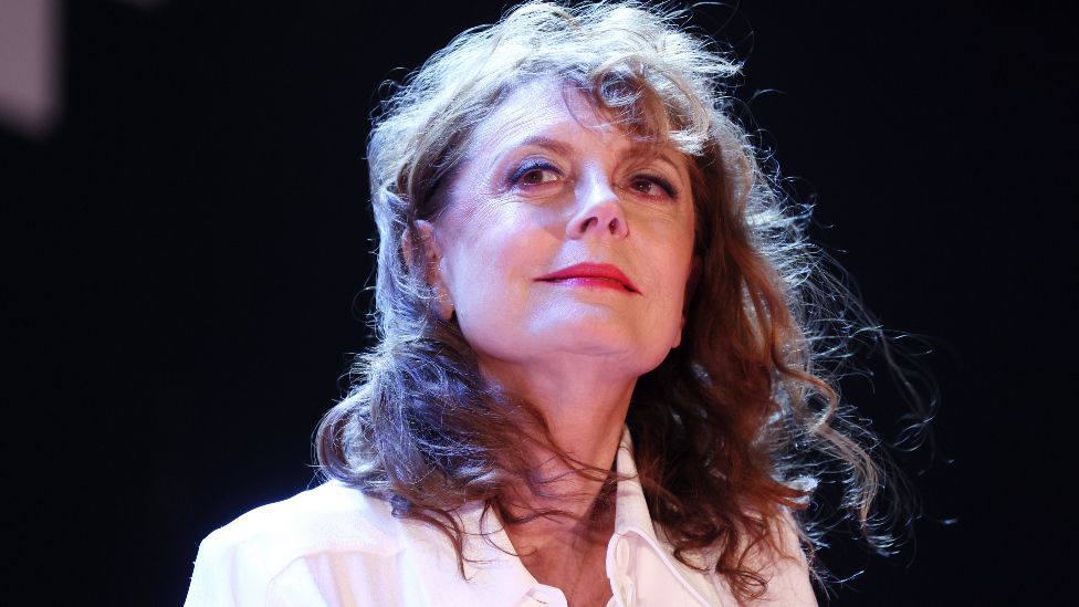 Susan Sarandon speaks on the stage during the Magna Graecia Film Festival 2023 at Arena on August 02, 2023 in Catanzaro, Italy