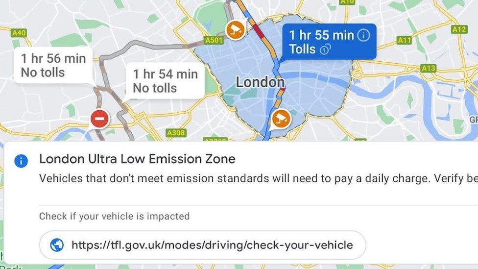 A screenshot of the Google maps app showing the ULEZ zone and a warning telling drivers to check if their vehicle is affected
