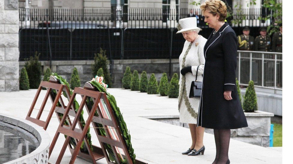 The Queen and the then Irish President, Mary McAleese, lay wreaths at the Garden of Remembrance in Dublin in May 2011