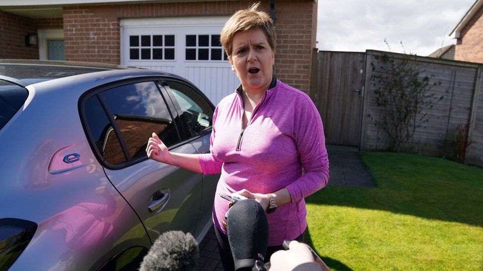 Nicola Sturgeon spoke briefly to reporters outside her home in Uddingston, Glasgow, on Friday