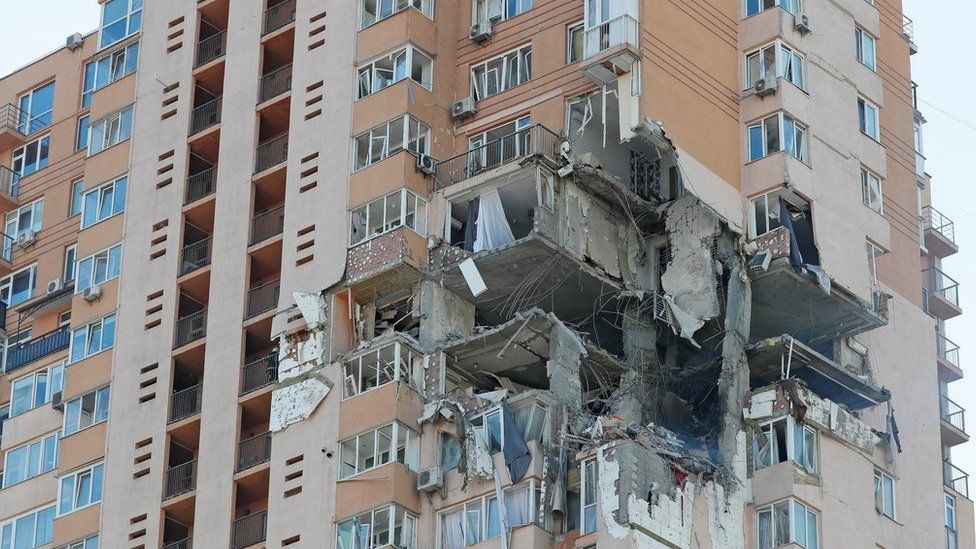 A view shows an apartment building damaged by recent shelling in Kyiv, Ukraine