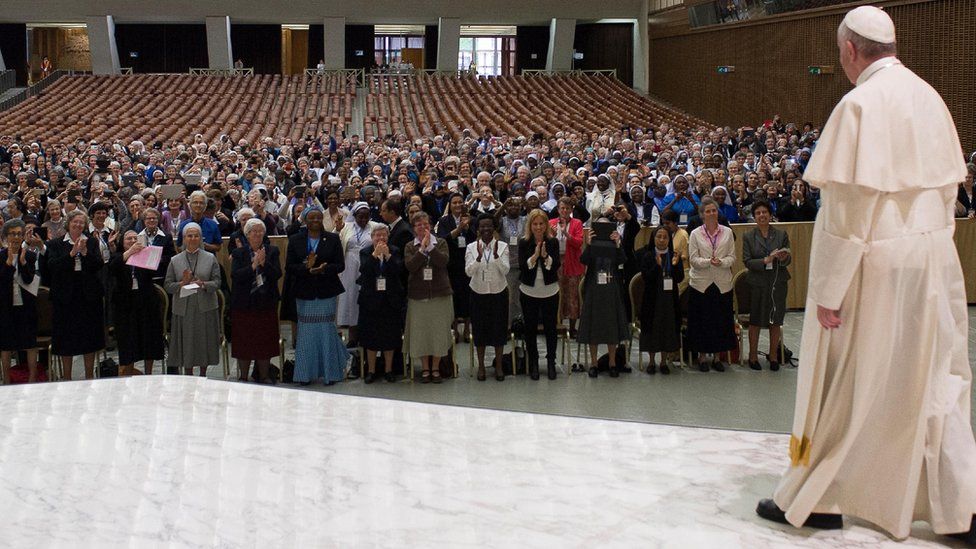 Pope Francis addresses a meeting of 900 Superiors from Women's religious orders at the Vatican on Thursday 12 May 2016