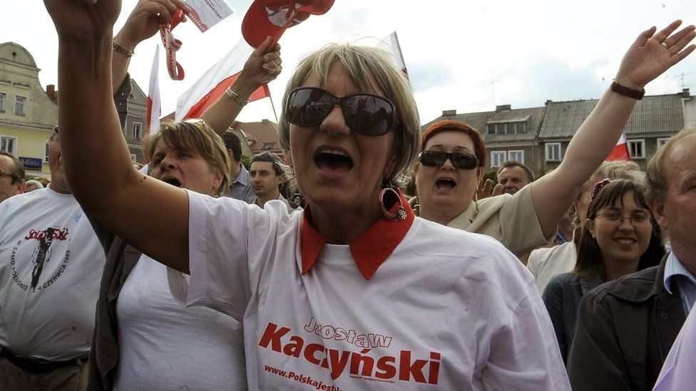 Supporters react during an electorial rally of Jaroslaw Kaczynski, leader of Poland's conservative PiS (Law and Justice)