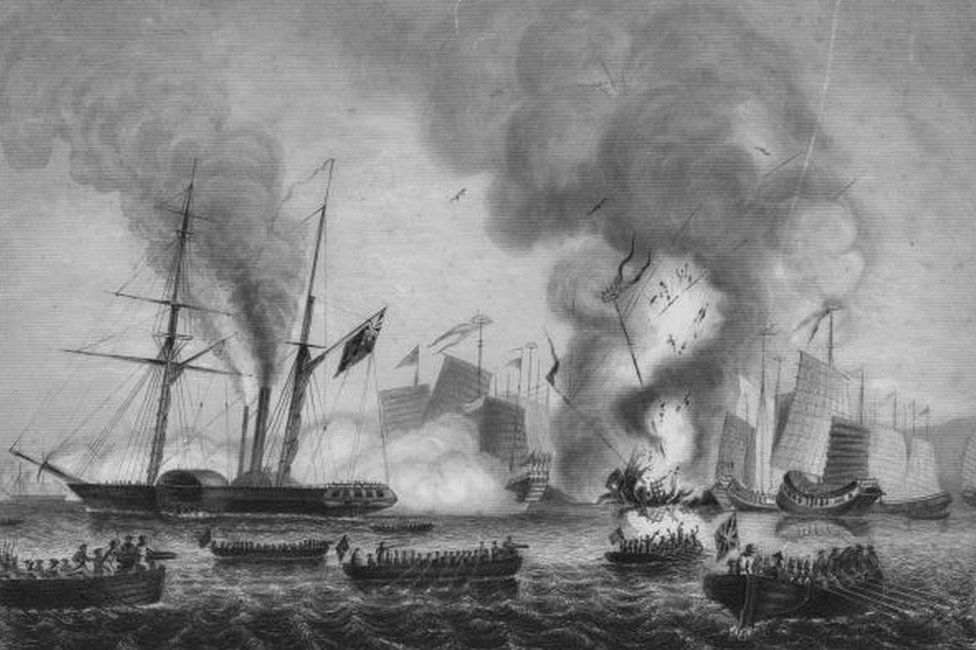 The Honourable East India Co's steamer 'Nemesis' and the boats of the Sulphur, Calliope, Larne and Starling destroying Chinese war junks at Anson's Bay during the First Opium War.