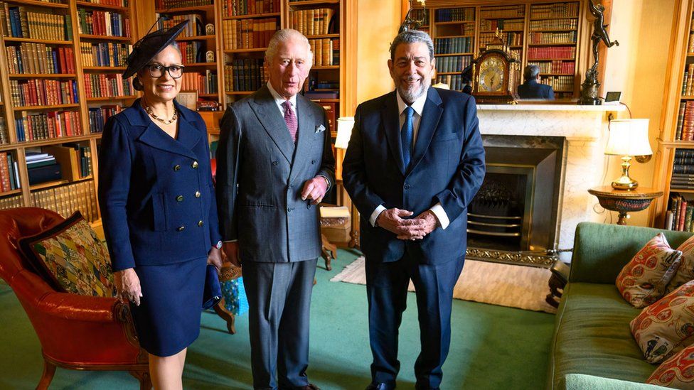 King Charles III poses during an audience with the Prime Minister of St Vincent and the Grenadines, Ralph Gonsalves, and Mrs Eloise Gonsalves, at Balmoral Castle on October 1, 2022 in Balmoral , Aberdeen, Scotland