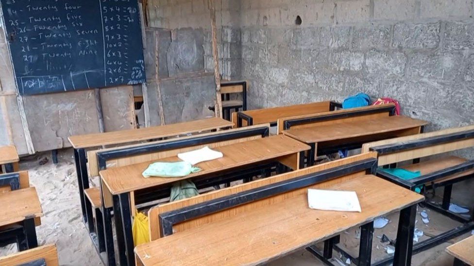 An empty classroom after children were taken by gunmen