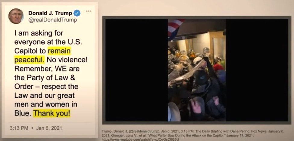 Presentation by the Democrats shows Donald Trump's tweet and footage of the attack