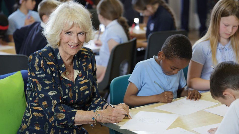 Camilla with school children at Shirehampton primary school