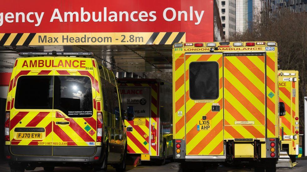 London ambulances queuing outside a hospital in 2022