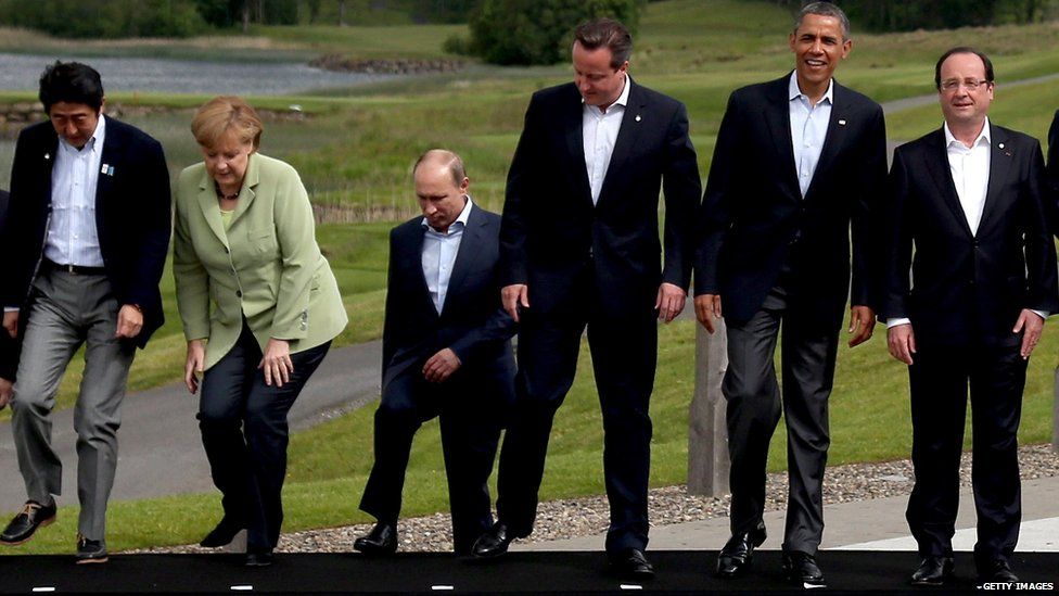 Shinzo Abe, Angela Merkel, Vladimir Putin, David Cameron, Barack Obama and Francois Hollande at a G8 summit in 2013