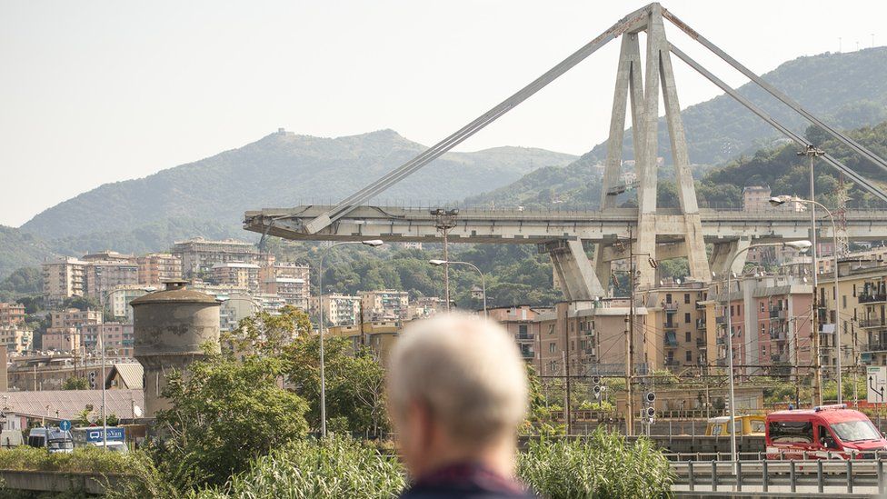 The collapsed section of the Morandi bridge in Genoa, 20 August 2018