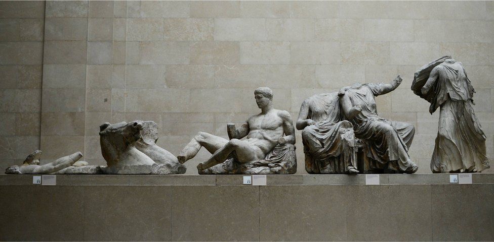 Elgin Marbles from the East Pediment of the Parthenon. These sculptures are part of The Parthenon Marbles, a collection of stone objects, inscriptions and sculptures, also known as the Elgin Marbles, on display at the British Museum in London