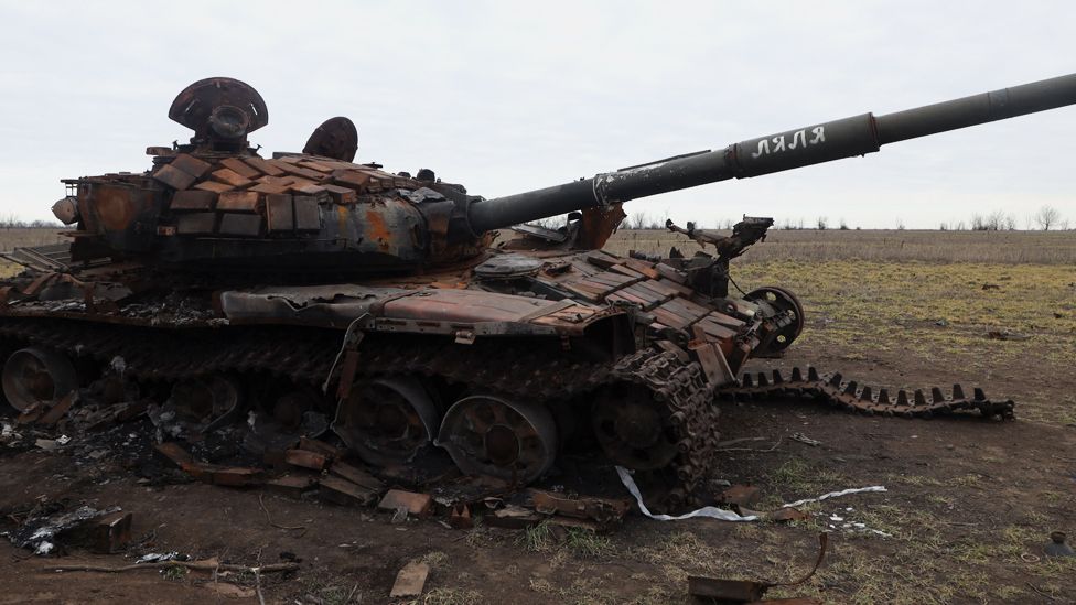 A Russian tank destroyed outside Kherson, February 2023