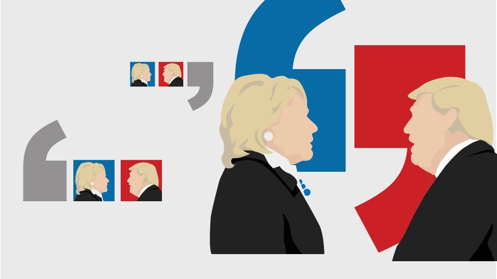 Graphic showing Clinton and Trump cartoons in debate - September 2016