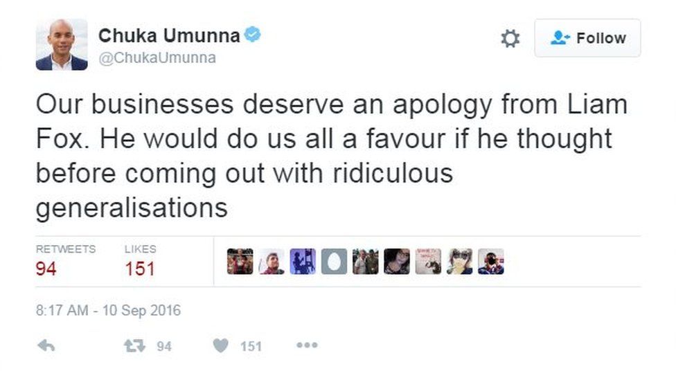 One of Chuka Umunna's tweets about Liam Fox.