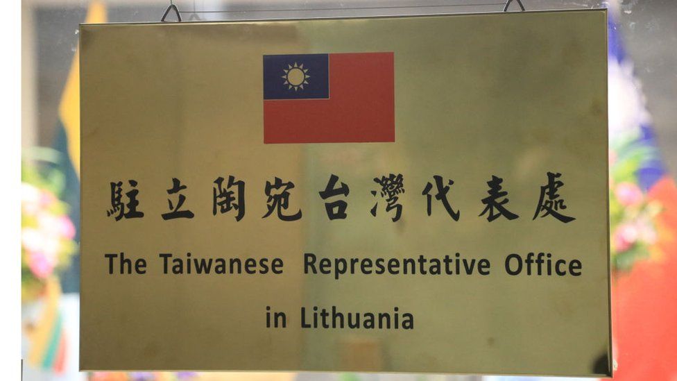 Sign reading 'The Taiwanese Representative Office in Lithuania'