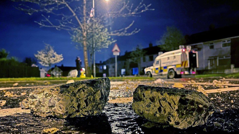 Pieces of masonry that were thrown at police officers in Carrickfergus on Sunday