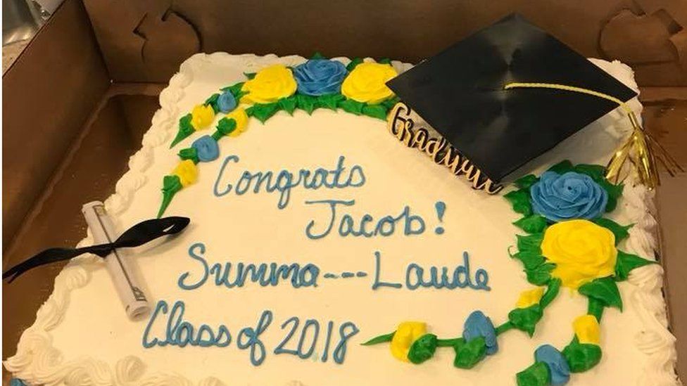 Jacob Koscinski's high school graduation cake read "Congrats, Jacob! Summa --- Laude" Class of 2018