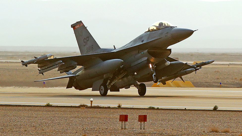 A US F-16 fighter jet takes part in the 