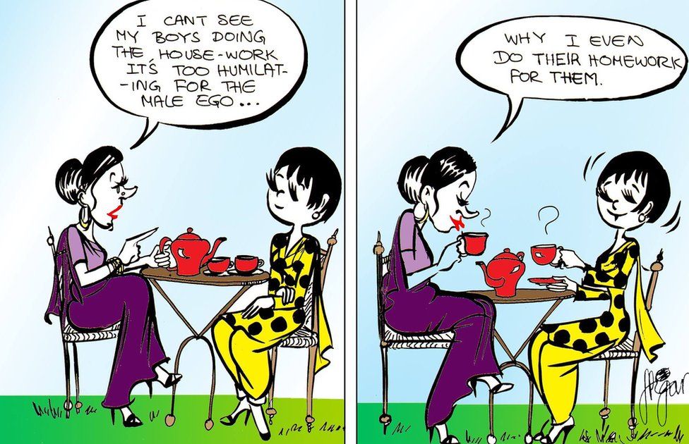 Comic showing Gogi having tea with another Pakistani woman. The woman says: "My boys going the housework, it's too humiliating for the male ego... Why, I ever do their homework for them."