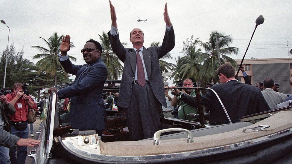 Libreville, Gabon 1995, French president Jacques Chirac on an official visit to Gabon. On his right, the president of Gabon, Omar Bongo