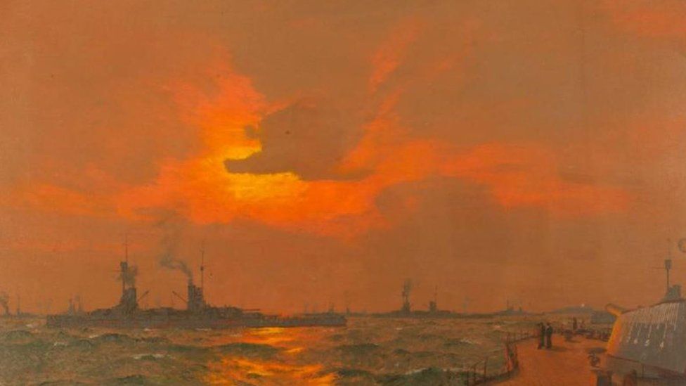 The German Fleet at Anchor off Inchkeith, Firth of Forth: After the Surrender, 22 November 1918, by Charles Pears