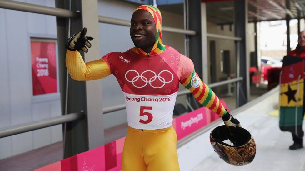 Akwasi Frimpong of Ghana reacts in the finish area during the Men's Skeleton heats at Olympic Sliding Centre on February 16, 2018 in Pyeongchang-gun, South Korea