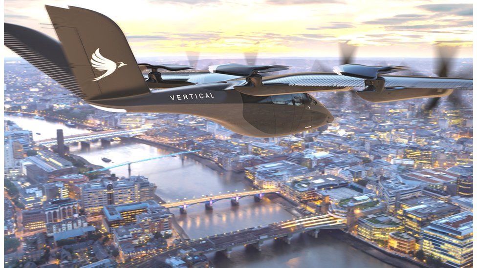 Иллюстрация вертикального аэрокосмического самолета, летящего над Лондоном
