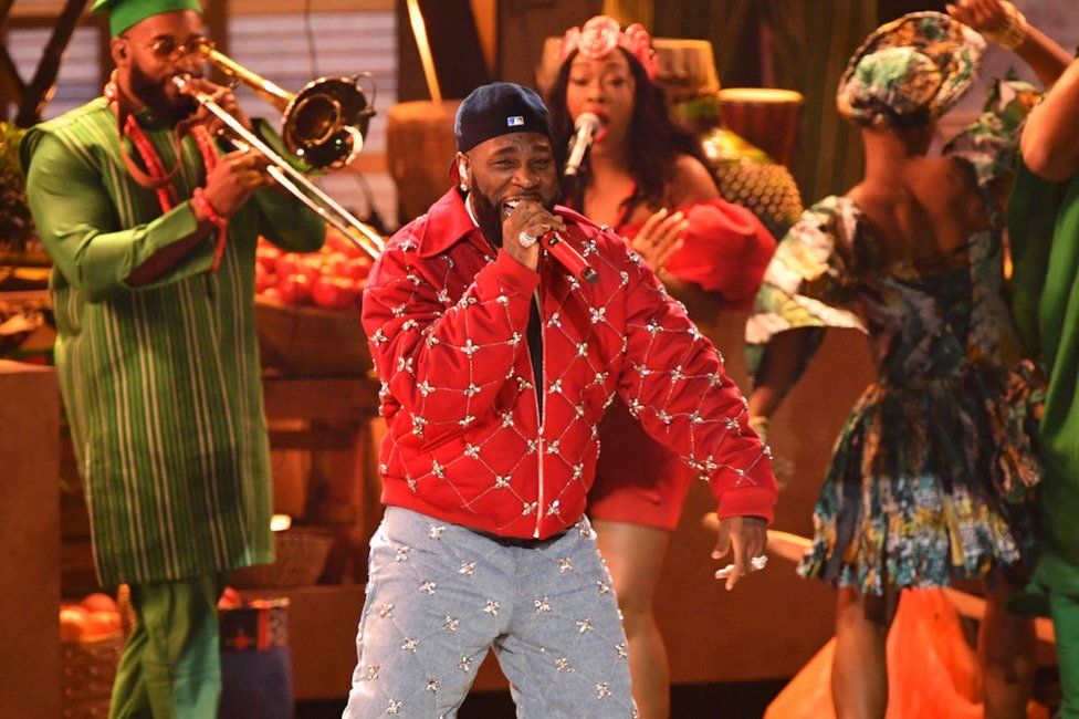 Nigerian singer Burna Boy performs on stage during Grammy Awards.