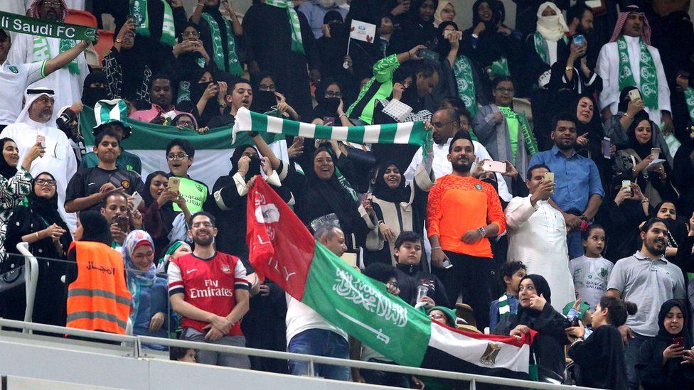 Saudi families cheer at the King Abdullah Sports City known as "a radiant jewel" to attend the Saudi Football League soccer match Al Ahly and Al-Batin in Jeddah, Saudi Arabia, 12 January 2018.