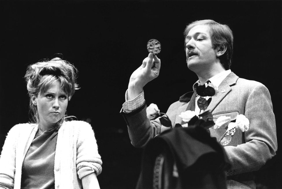 Michael Gambon in Table Manner by Alan Ayckbourn, part of his the Norman conquests trilogy directed by Eric Thompson at the Globe Theatre, London in 1974.