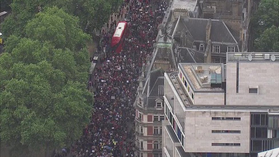 Aerial shot of protesters in Westminster