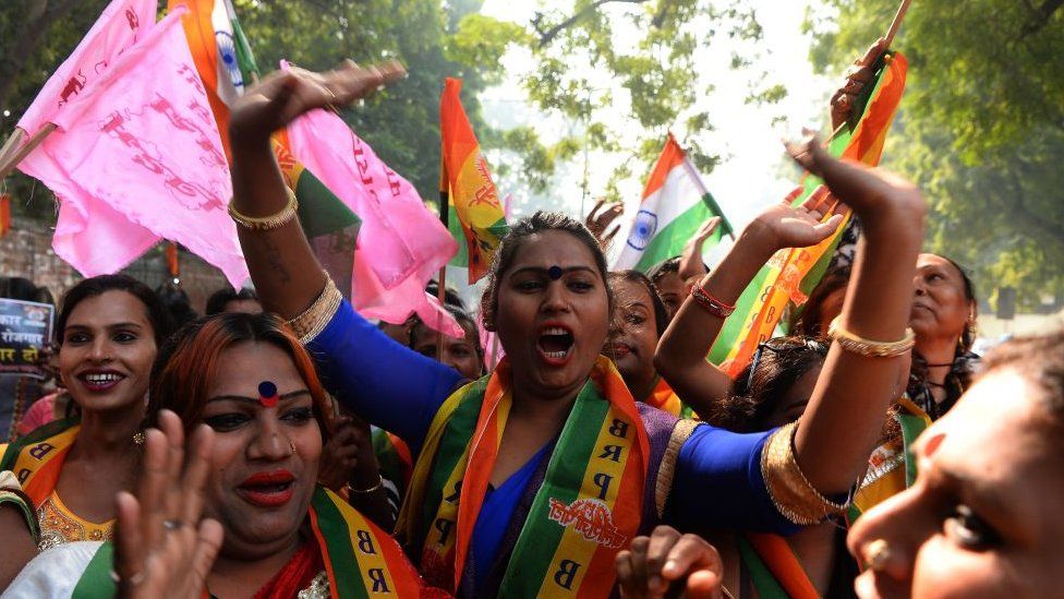 Members of the Indian transgender community take part in a protest against the Transgender Persons (Protection of Rights) Bill 2016, in New Delhi on January 20, 2019.