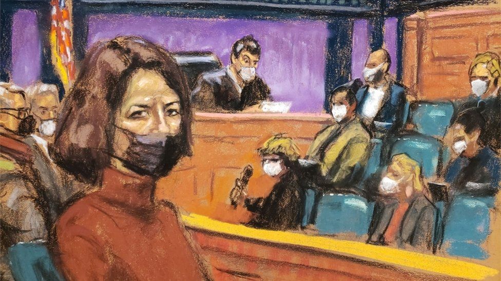 Ghislaine Maxwell pictured in a court artist sketch as the guilty verdict in her sex abuse trial is read in New York on 29 December, 2021