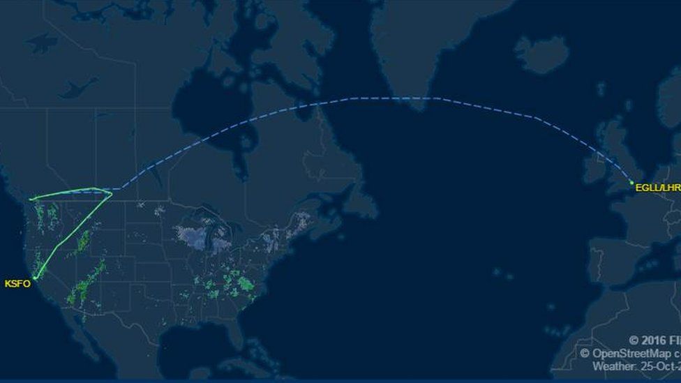 Map from FlightAware shows plane path