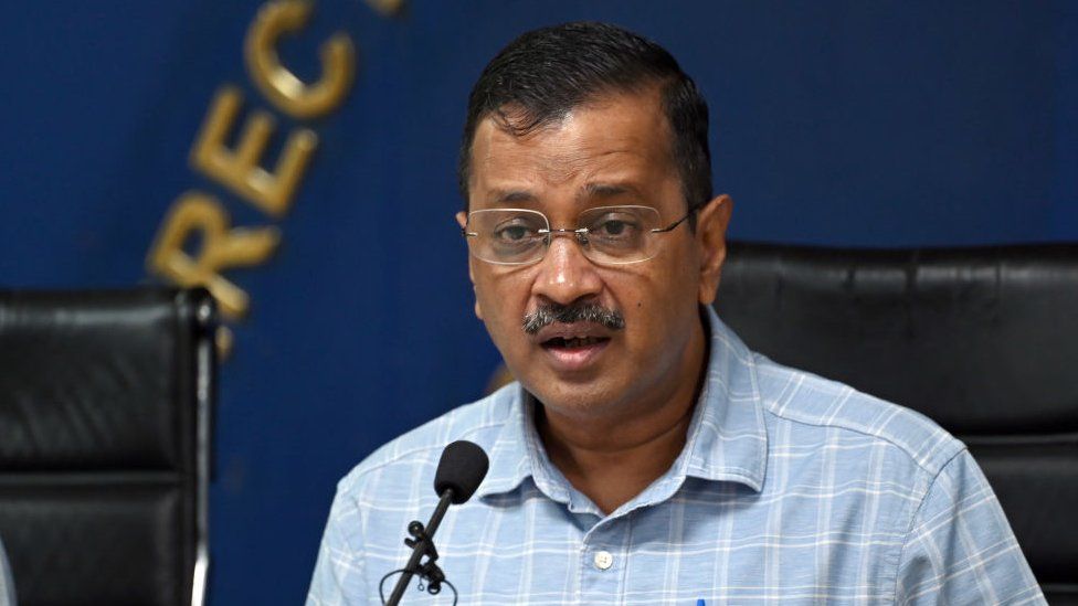 NEW DELHI, INDIA - OCTOBER 20: Delhi Chief minister Arvind Kejriwal addresses the media during a press conference regarding new scheme to combat pollution at Delhi Secretariat on October 20, 2023 in New Delhi, India. Delhi CM Arvind Kejriwal, has given the green light to a scheme promoting the use of public transport through the introduction of AC luxury buses. Under this scheme, operators of AC luxury buses will be licensed to run services within the city, with a strict no-standing passenger policy. (Photo by Sanjeev Verma/Hindustan Times via Getty Images)