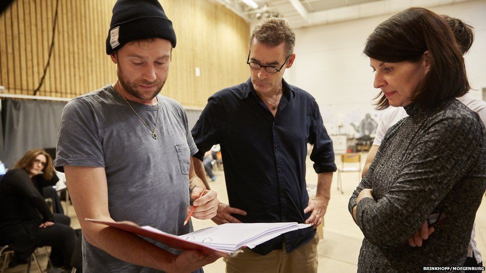 From left to right Damon Albarn with director Rufus Norris and author and lyricist Moira Buffini