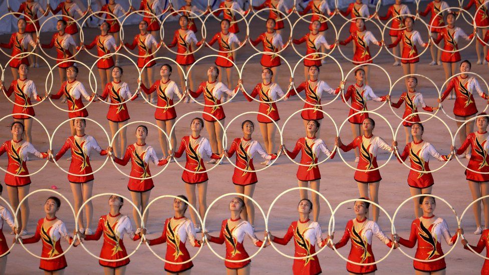 North Koreans perform gymnastic and artistic during a South Korean President Moon Jae-in and North Korean leader Kim Jong Un visit at the May Day Stadium on September 19, 2018 in Pyongyang