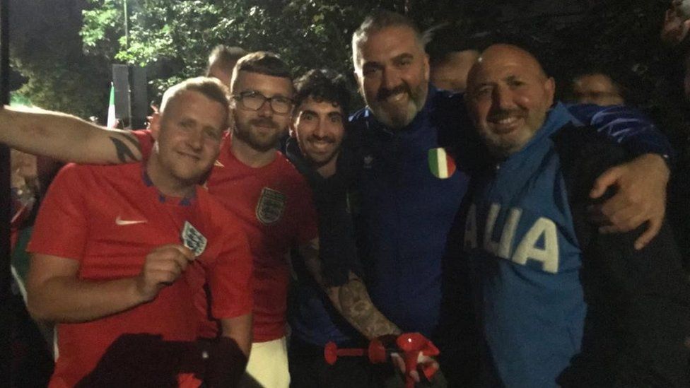 Liberato Lionetti with both England fans and Italy fans at the celebrations at Bedford's Embankment